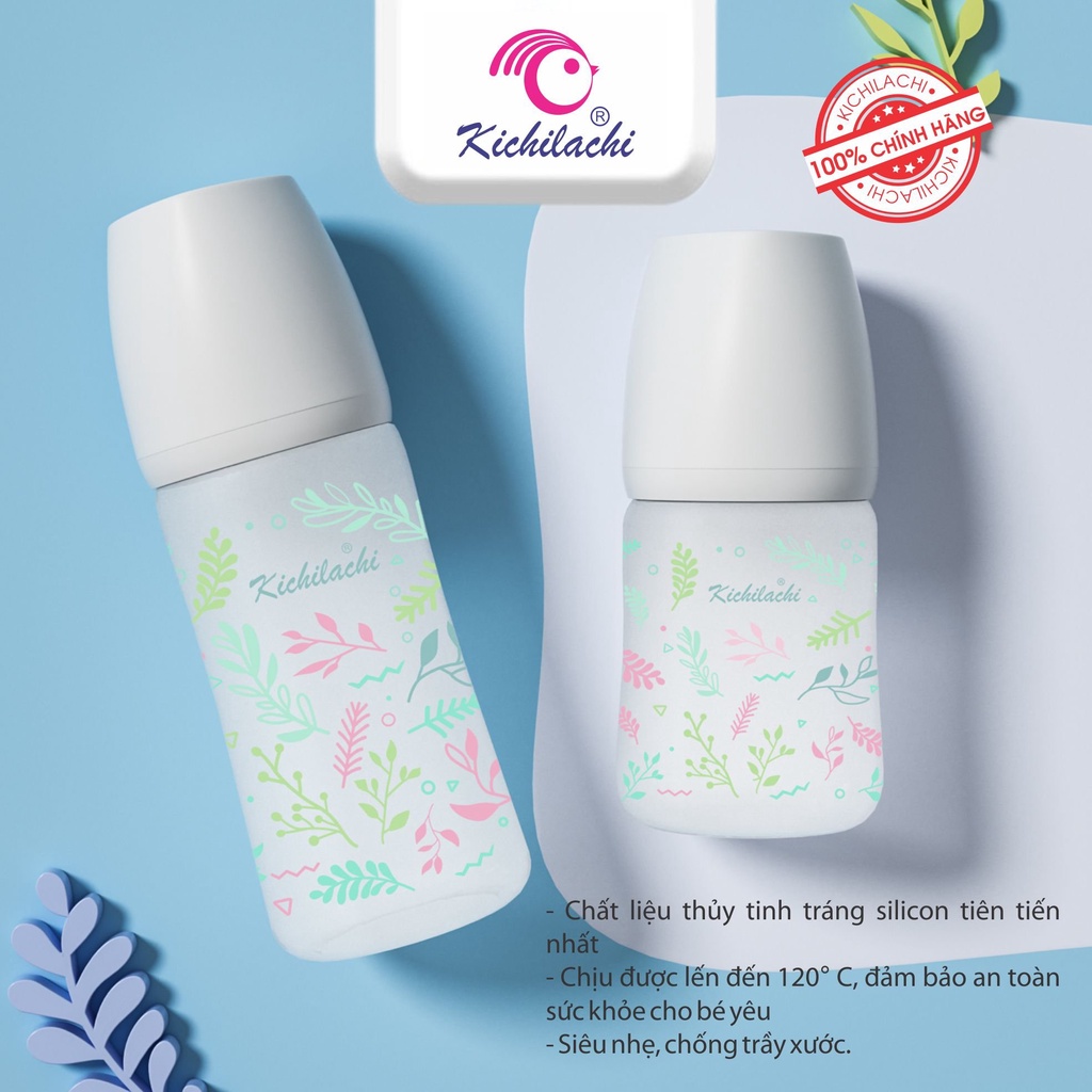 Bình sữa thủy tinh tráng silicon Kichilachi, bình sữa cổ rộng chính hãng kèm núm ti siêu mềm 150ml/240ml