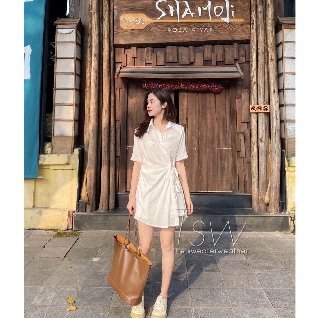 Váy sơ mi nữ thắt eo vạt lệch, Đầm nữ linen mềm mịn cách điệu Kozoda D47 | BigBuy360 - bigbuy360.vn