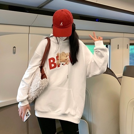 ZHELIHANGFEI Áo Hoodie Tay Dài Form Rộng Họa Tiết Gấu Theo Phong Cách Preppy Dễ Phối Đồ