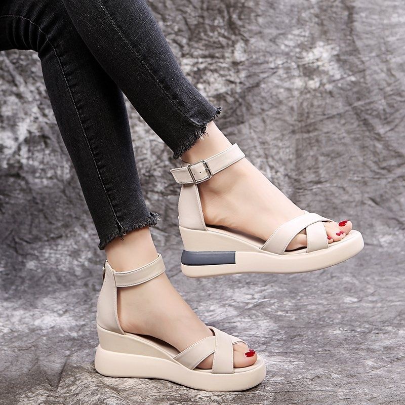 Sandal Hở Ngón Đế Dày 7cm Phối Khóa Kéo Sau Lưng Phong Cách Roman Cho Nữ