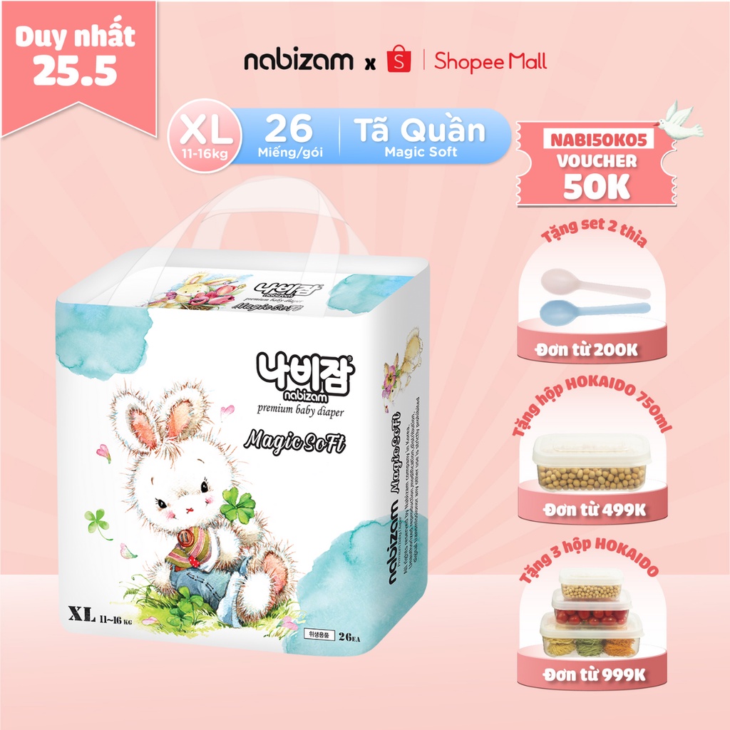 Tã/Bỉm Quần Nabizam Magic Soft Mềm Mỏng, Rãnh Chống Tràn Linh Hoạt, Thấm Hút Nhanh Size XL Cho Bé 11-16kg, 26 Miếng