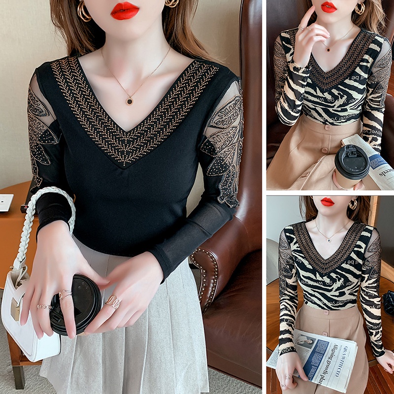 Áo kiểu trễ vai áo lưới dài tay V Phối Lưới In Họa Tiết Đính Đá Thời Trang Cho Nữ