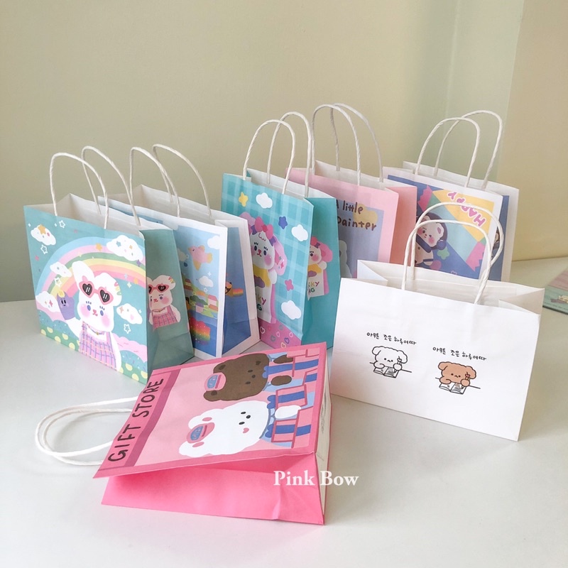 Túi giấy hình con THỎ/GẤU/CARO 27cm 21cm 14cm 11cm 8cm màu HỒNG/ĐỎ/XANH/TÍM