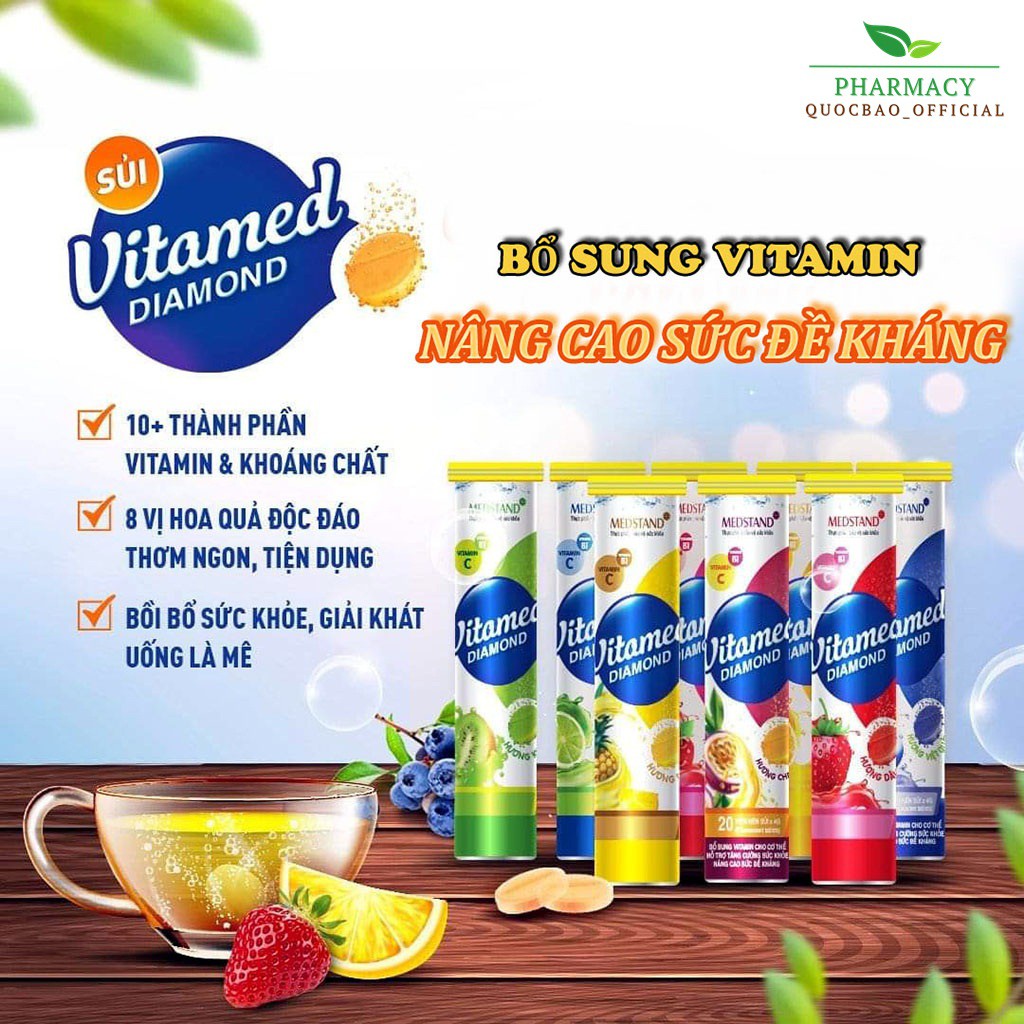 Viên C sủi bổ sung vitamin Vitamed Diamond ❤️FREESHIP❤️ Hương cam,chanh,kiwi,dứa,chanh leo,cherry,dâu tây,việt quất | Thế Giới Skin Care