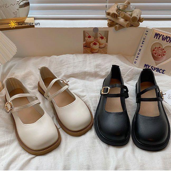 Giày Búp Bê Da Đế Bằng Miệng Nông Kiểu Preppy Thời Trang Mùa Hè 2022 Cho Bạn Gái