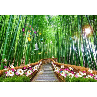 Tranh dán tường 3D rừng trúc - cây trúc - vải lụa kim tuyến