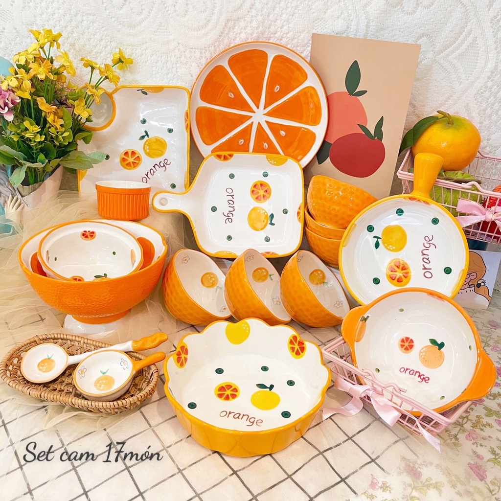 Bộ bát đĩa gốm sứ decor siêu đẹp Sét cam 17 món xinh yêu cho bé