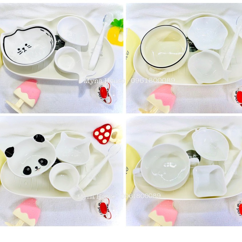 Combo 5 món khay ,thìa , bát sứ ăn dặm cho bé siêu cute màu trắng - nhiều mẫu