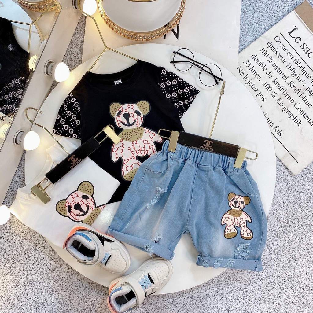 Áo cộc tay bé trai, set bộ áo gấu GC phối tay kèm quần short jean xịn sò cho bé