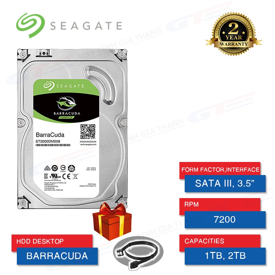 Ổ Cứng HDD 1TB | 2TB Seagate Barracuda New Bảo Hành 24 Tháng Chính Hãng (Tặng Cáp SATA III)