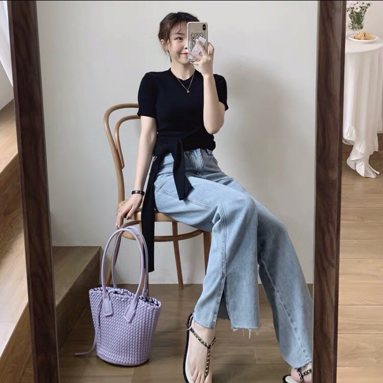 Quần jean nữ ống rộng xẻ LINE phong cách Hàn Quốc siêu HOT