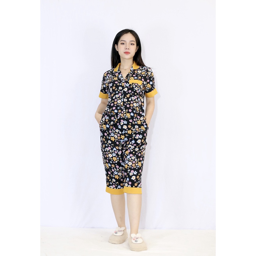 [HÌNH THẬT 100%] Bộ đồ Pijama nữ lửng MÀU ĐEN HOA NHÍ PHA CỔ VÀNG - vải lụa cao cấp - Cực Kì Sang Chảnh