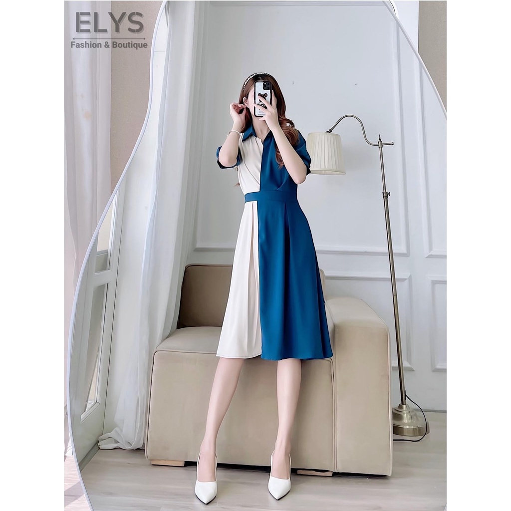 Váy Đầm Công Sở ELYS Chất Trượt Hàn Cao Cấp Thiết Kế Phối 2 Màu Trắng Xanh Dáng Xòe Nhẹ LY016