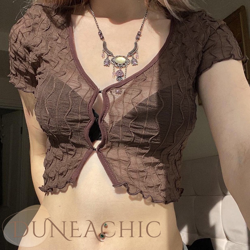 DUNEA Áo Thun Tay Ngắn Cổ Chữ V Phối Ren Thời Trang Cho Nữ