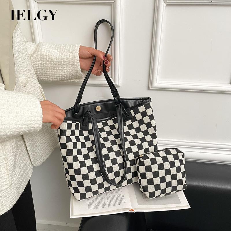 Túi xách IELGY bằng canvas sức chứa lớn họa tiết sọc caro trắng đen đơn giản dành cho nữ
