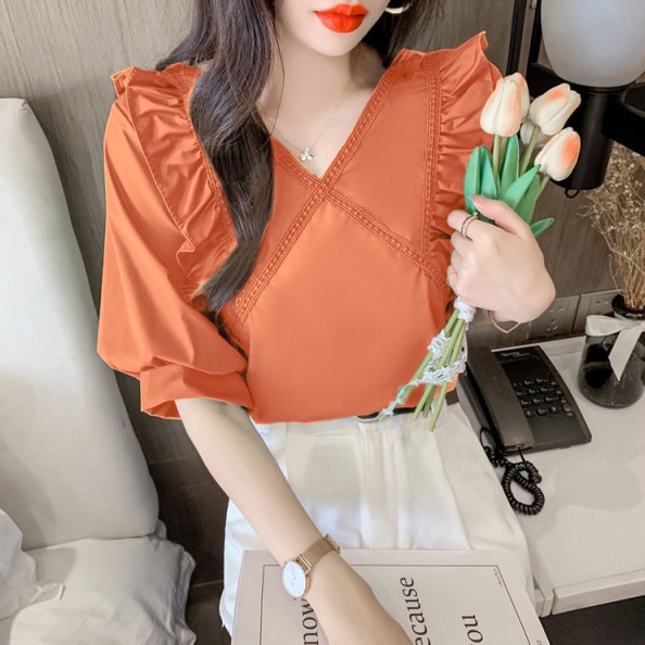 Áo kiểu tay ngắn phồng cổ chữ V dáng rộng phong cách Hàn Quốc thời trang cho nữ