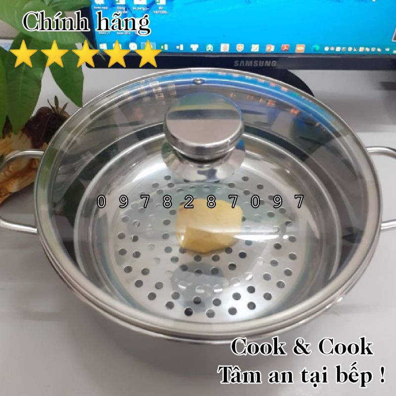 [CHÍNH HÃNG] Vỉ hấp inox cách thủy size 20, 22, 24 cm có chân đế, xửng hấp chính hãng Vietcook