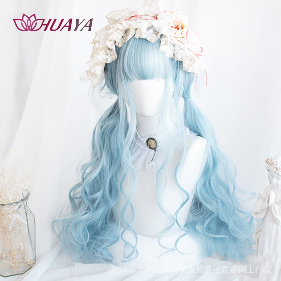 Tóc Giả Dài Xoăn Gợn Sóng Bằng Sợi Tổng Hợp Màu Xanh Dương Phong Cách Lolita Dùng Hóa Trang Tiệc Halloween