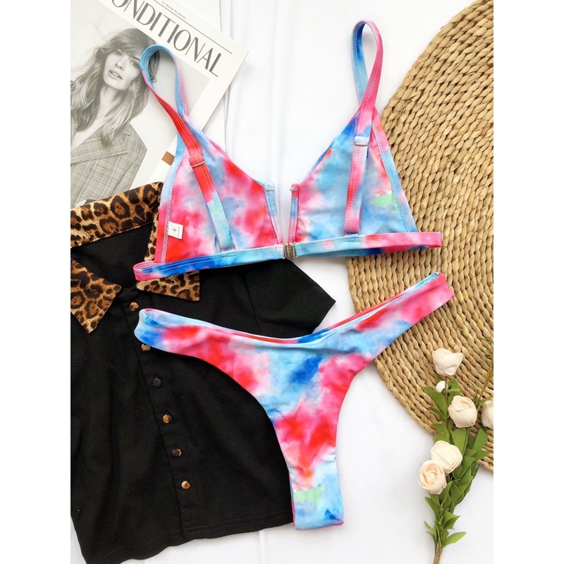 [BKN777] &lt;ÂU&gt; SET BIKINI CỔ V LOANG XANH ĐỎ QUẦN THONG/LỌT KHE