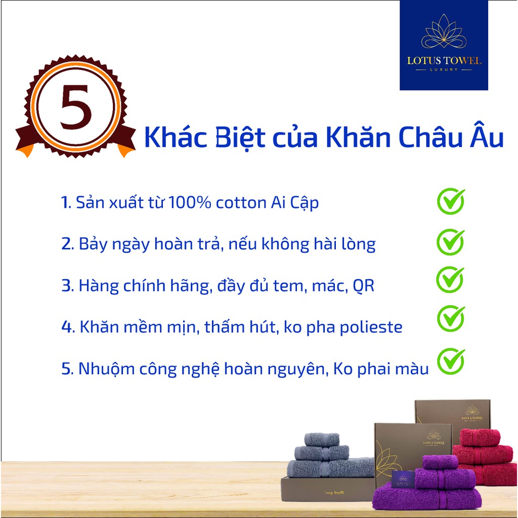 [SIZE LỚN] Hộp 3 khăn Châu Âu - LotusTowel sang trọng, 100% cotton, siêu mềm, ko bay màu