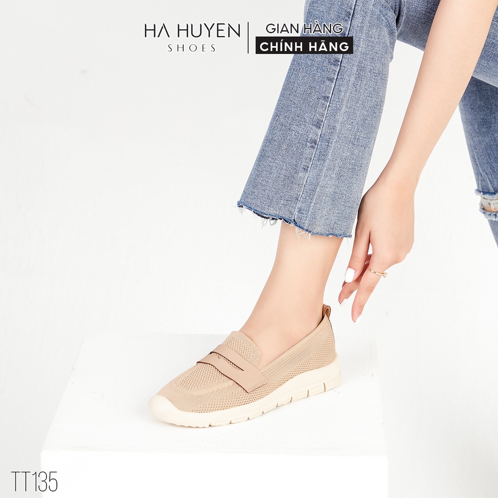 Giày slip on nữ Hà Huyền Shoes vải len lỗ phối đai da ngang dáng thể thao năng động - TT135