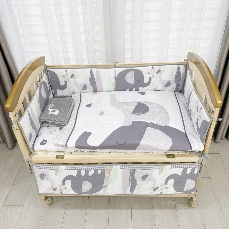 Set quây cũi vải 7 món chính hãng UMOO thoáng mát, 100% vải cotton thoáng mát, mềm mịn cho bé "Quây cũi bọc đệm'' TỔ