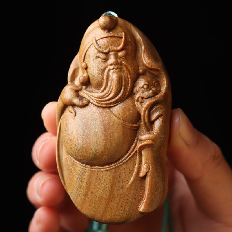 Tượng Phật Quan Công Bằng Gỗ Đàn Hương Xanh Lá Cây Có Tay Cầm Nhỏ Gọn Trang Trí Xe Hơi Wenwan Wucai God of Giàu Có Yu