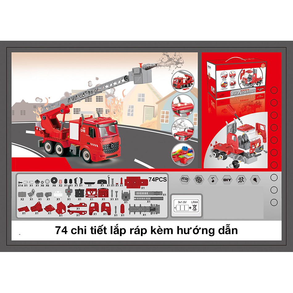 Đồ chơi lắp ghép xe mô hình cứu hỏa thang trượt phun nước KAVY có nhạc và đèn 74 chi tiết