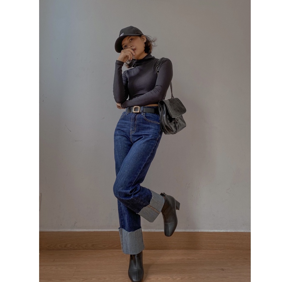 Quần Jeans Ống Suông Ống Đứng Lai Lật Chất Co Giãn Nhẹ Sofm