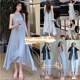 [Ảnh thật/Video]Váy maxi hai dây siêu sang Đầm voan màu xanh đi biển chất voan tơ mềm mịn