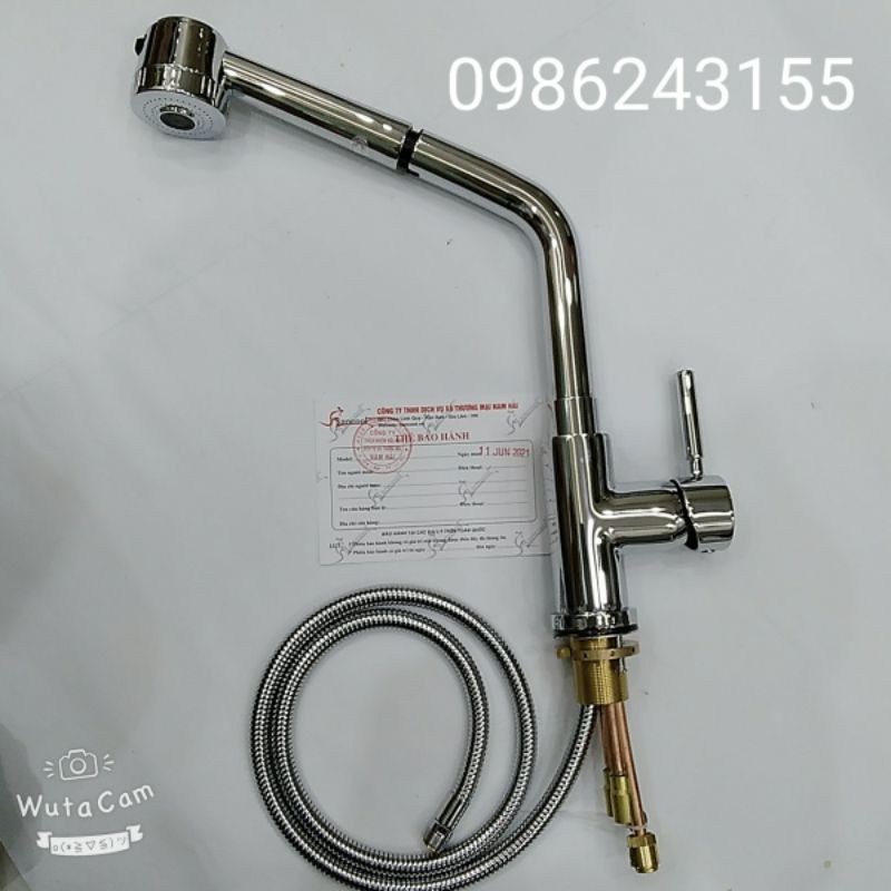 Vòi rửa bát nóng lạnh dây rút inox cao cấp sáng bóng, sang trọng có nút điều chỉnh
