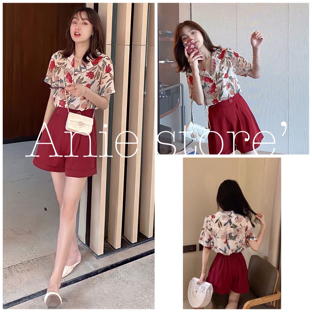 Bộ Quần Short Kèm Áo Sơ Mi Hoa Lá 🦋FREESHIP🦋 Set Quần Đùi Đỏ Kèm Áo Sơmi Dáng Rộng