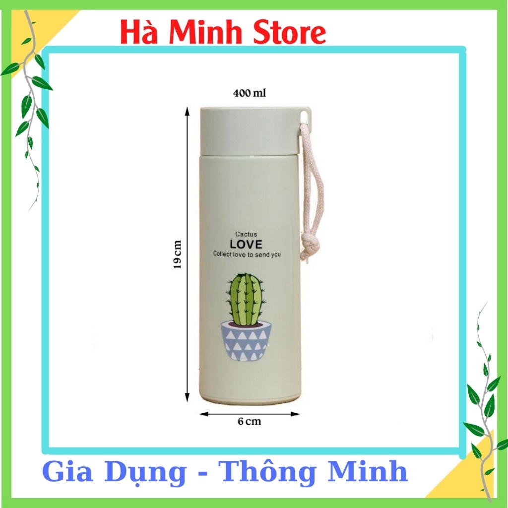 Bình Giữ Nhiệt Lúa Mạch 450ml Họa Tiết Xương Rồng, Lõi Thủy Tinh Bọc Nhữa, Giữ Nhiệt Lên Đến 5 Giờ - Gia Dụng Hà Minh