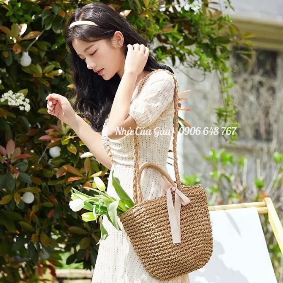 Túi cói dây nơ cực xinh về đủ 3 màu chanh sả