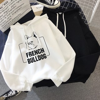 (Kèm ảnh thật) Áo hoodie nỉ bông có mũ dây rút tay bo in chữ hình mặt chó màu trắng đen kem cá tính thu đông