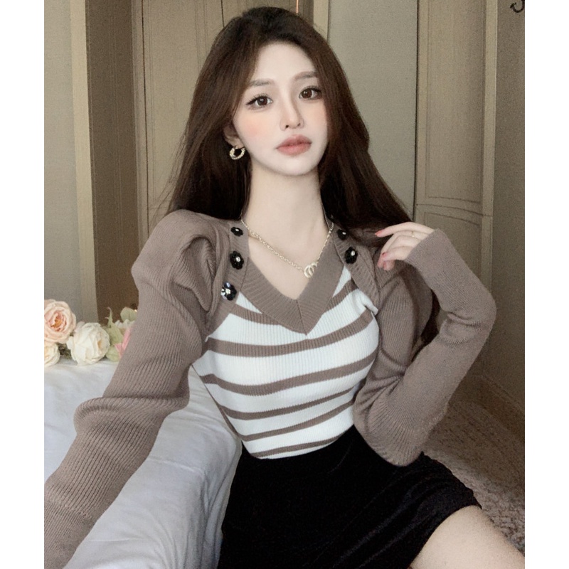 Áo Sweater Dáng Ôm Cổ Chữ V Kẻ Sọc Thời Trang Mùa Thu Cho Nữ