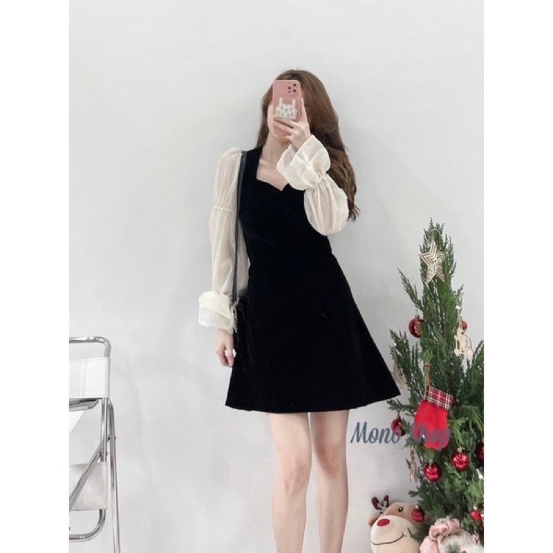 Váy nhung cổ vuông xẻ V nhỏ tay voan bo chun, đầm nữ nhung tay voan