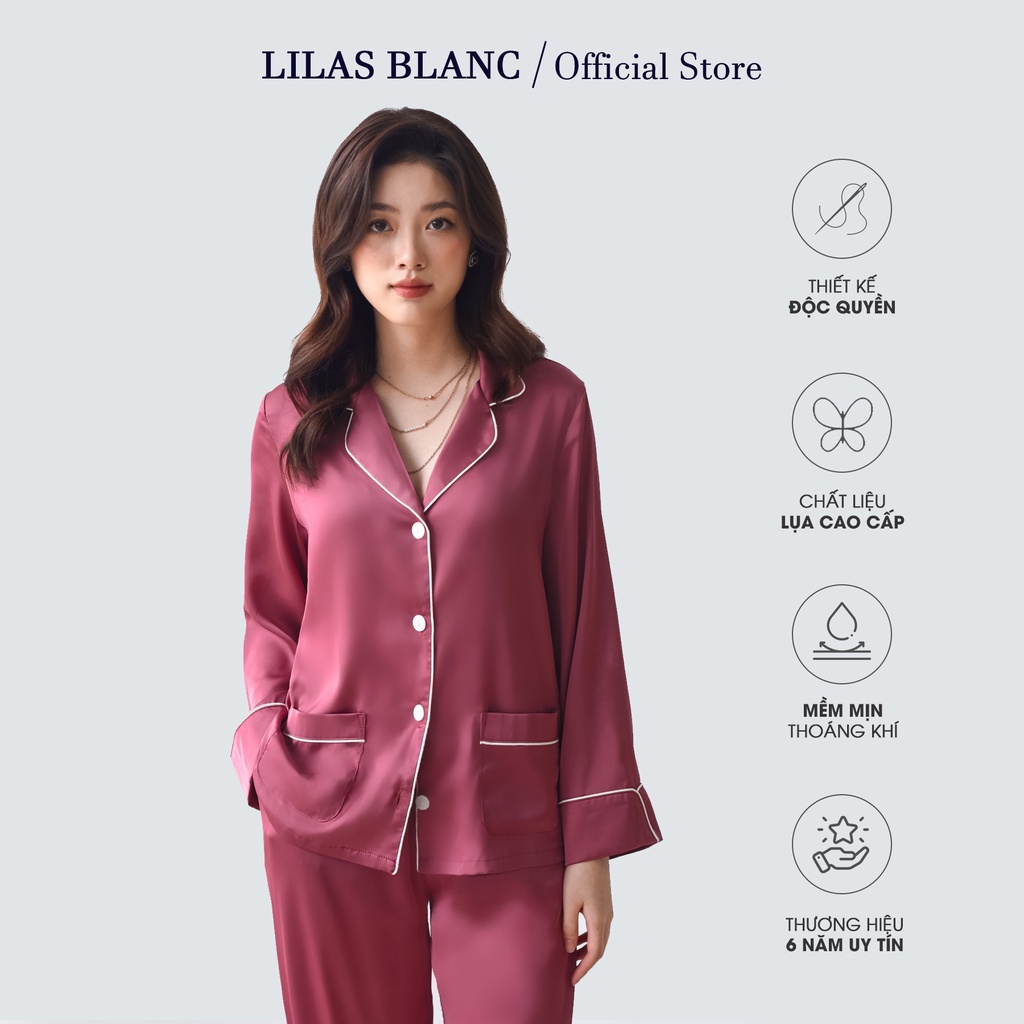 Bộ Pyjamas Nữ Mặc Nhà Áo Dài Quần Dài Chất Liệu Lụa Trơn Màu Hồng Đất Phối Viền Trắng Rosemilk LILAS BLANC