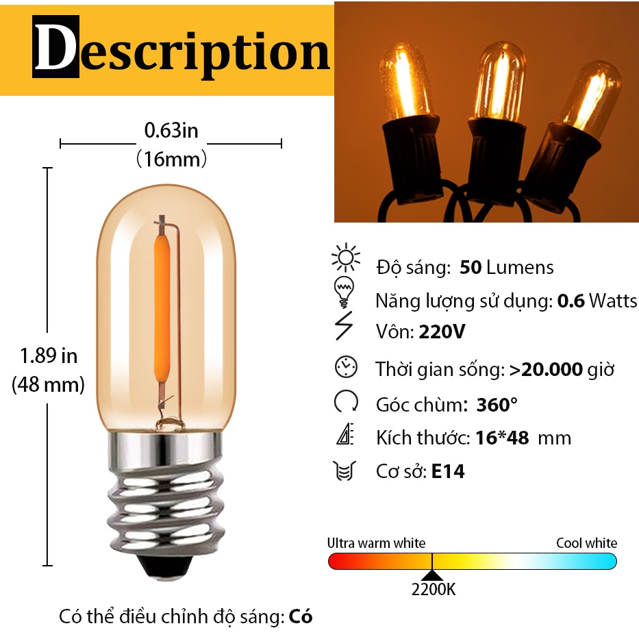 Đèn ngủ E12 E14 Bóng Đèn Dây Tóc Led T16 0.6W 220V Tiết Kiệm Năng Lượng