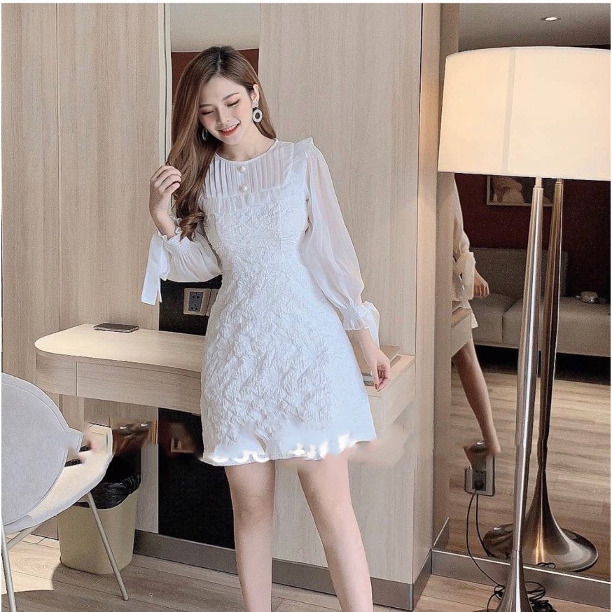 Đầm gấm tay voan cột nơ cổ xếp ly nhỏ