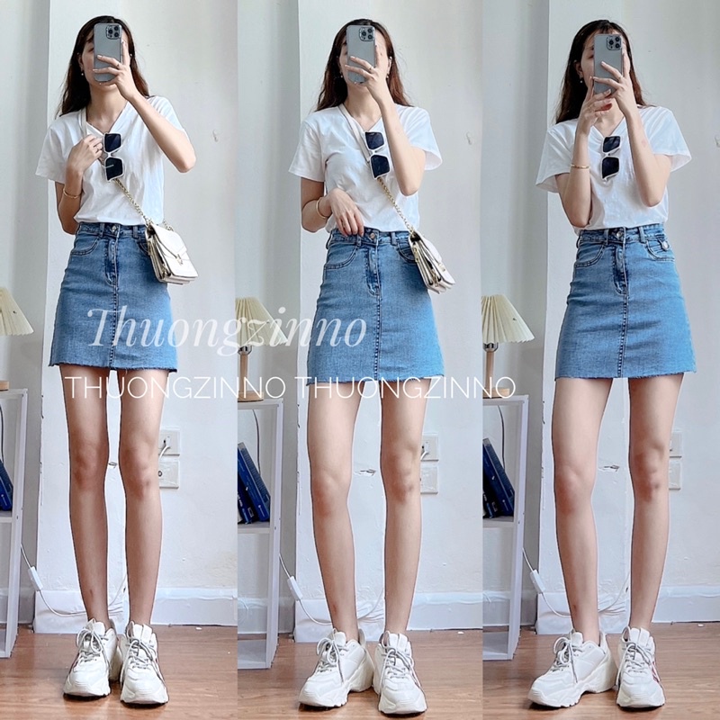 [Ảnh thật/Video]Chân Váy Jean cắt gấu Chữ A Ngắn Chân váy bò Cạp Cao Hàn Quốc