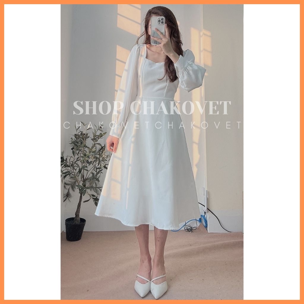 Đầm nữ cổ vuông màu trắng dài tay 2 lớp V8133, kiểu váy nữ dáng dài thanh lịch style hànquốc thiết kế chun sau có đai eo | BigBuy360 - bigbuy360.vn