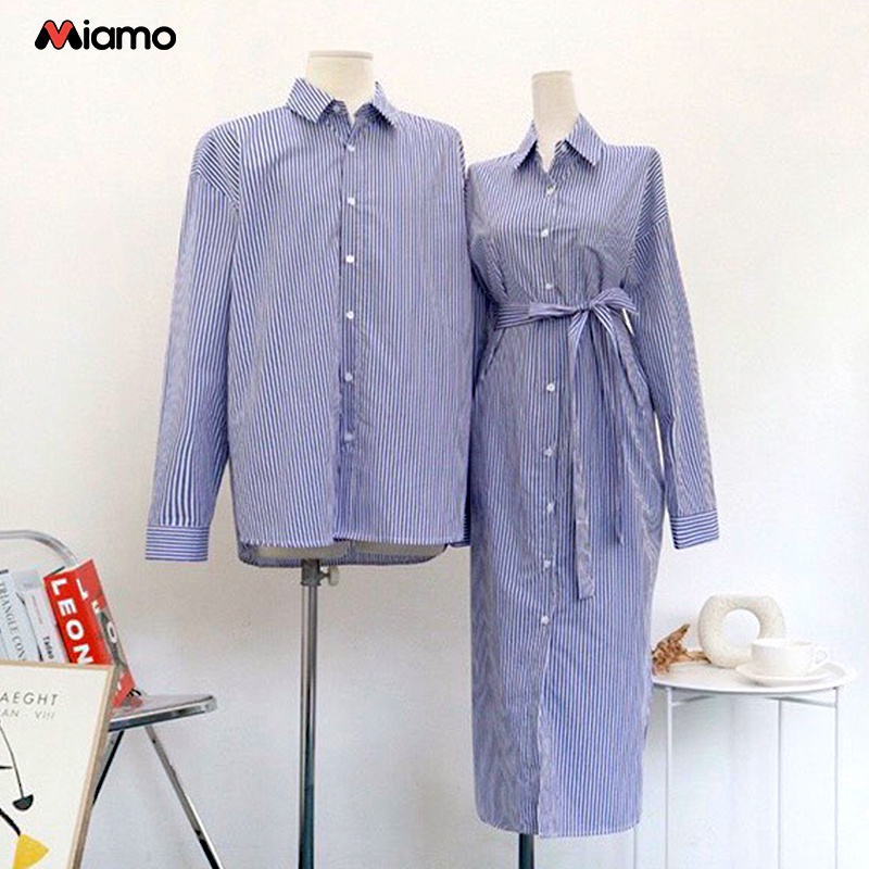 [Freeship] Set đồ đôi áo sơ mi nam váy nữ kẻ sọc phong cách Hàn thời trang Miamo MO090