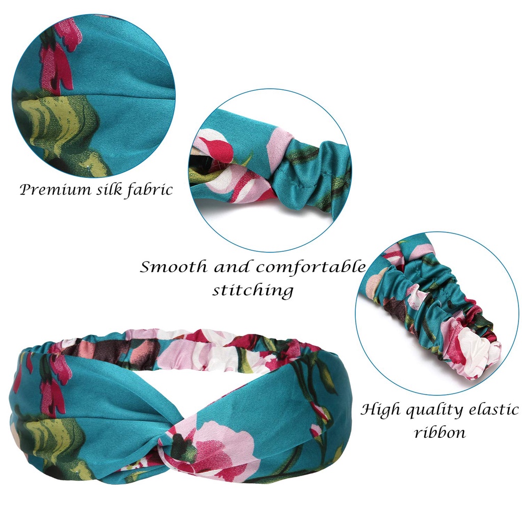 Băng Đô Cài Tóc rửa mặt Bằng Vải Lụa Co Giãn Họa Tiết Chữ Ry Geranium Và Hoa