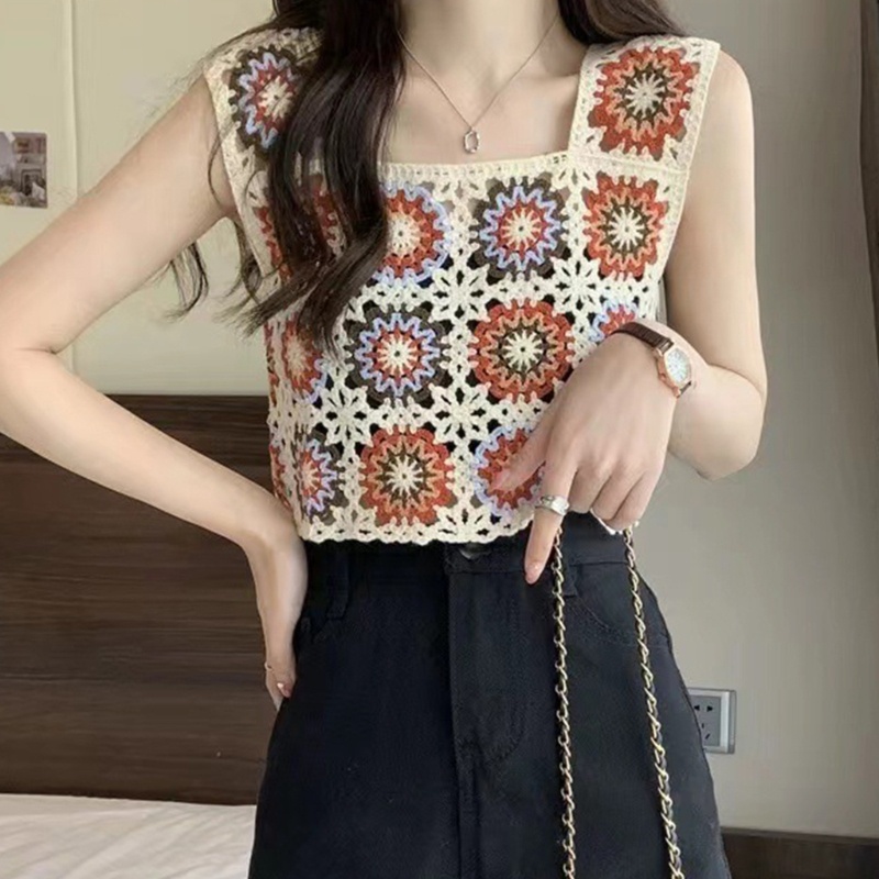 Áo Croptop Dệt Kim Không Tay In Họa Tiết Hoa Thời Trang Cho Nữ