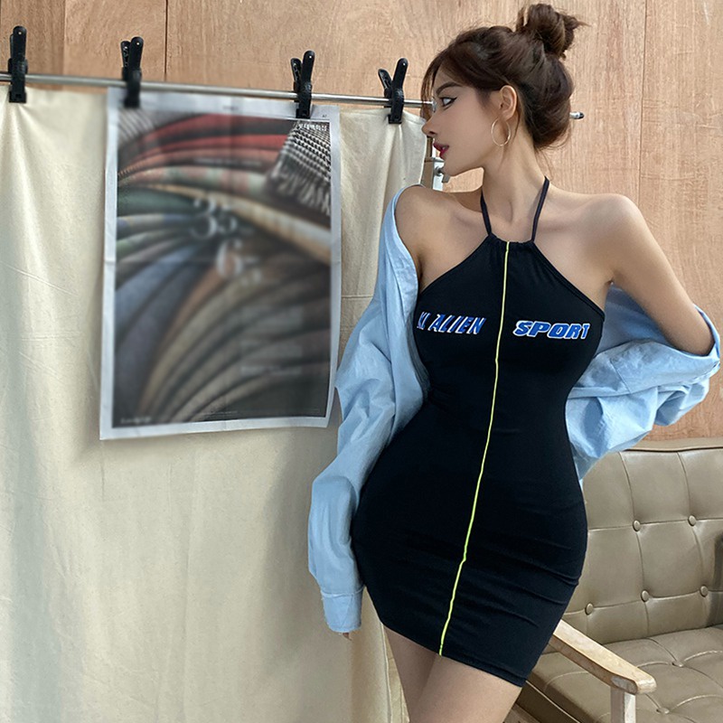 Đầm Ôm Cổ Yếm In Chữ Thời Trang Hàn Quốc Quyến Rũ Cho Nữ