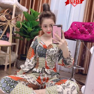 BỘ THỔ CẨM LỤA TAY LỠ QUẦN DÀI NHÚNG EO CỰC XỊN
