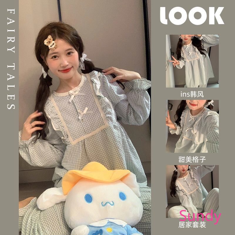 Bộ Đồ Ngủ Tay Dài Phối Bèo Màu Trơn Thời Trang Thu Đông Phong Cách Hàn Quốc Cho Nữ