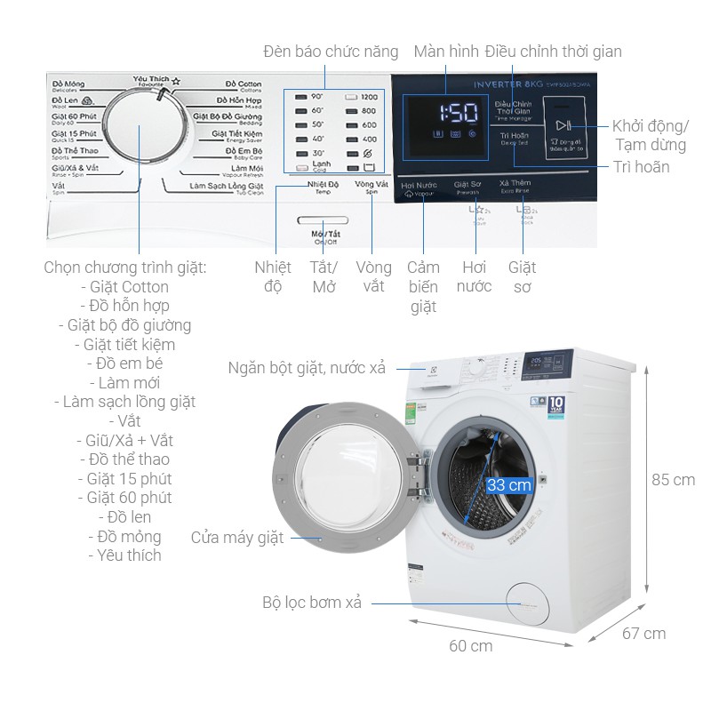 [Mã ELHA22 giảm 5% đơn 300K] Máy giặt Electrolux Inverter 10 kg EWF1024BDWA