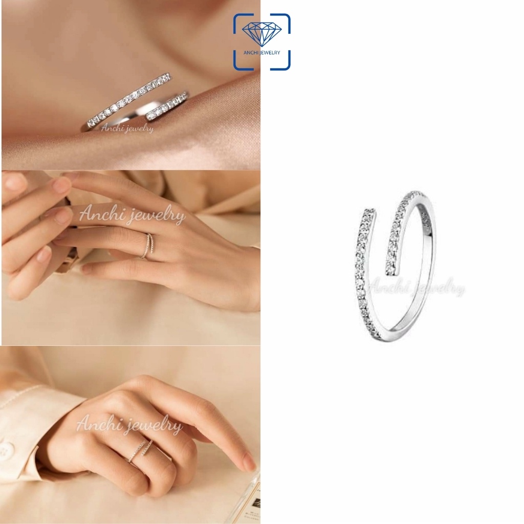 Nhẫn nữ hở full đá, chuẩn bạc ta - mẫu dày dặn, Anchi jewelry